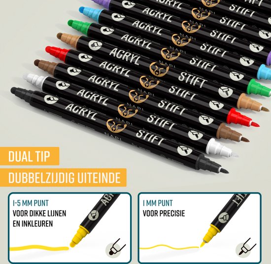 NAPI 24 marqueurs acryliques Dual Tip - Twinmarkers - Marqueurs peinture Happy Stones - Peinture sur pierre avec marqueurs peinture acrylique - Adultes et enfants - 2 modèles de mandala inclus