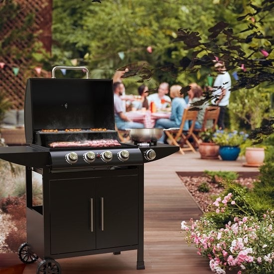 Barbecue à gaz KitchenBrothers - Avec 5 brûleur - Raccordement au gaz - 42x57cm surface de cuisson - Noir