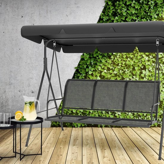 Balançoire LifeGoods - 3 places - jusqu'à 250KG - Toit inclinable - Parasol résistant aux UV - 172x104x162cm - Gris
