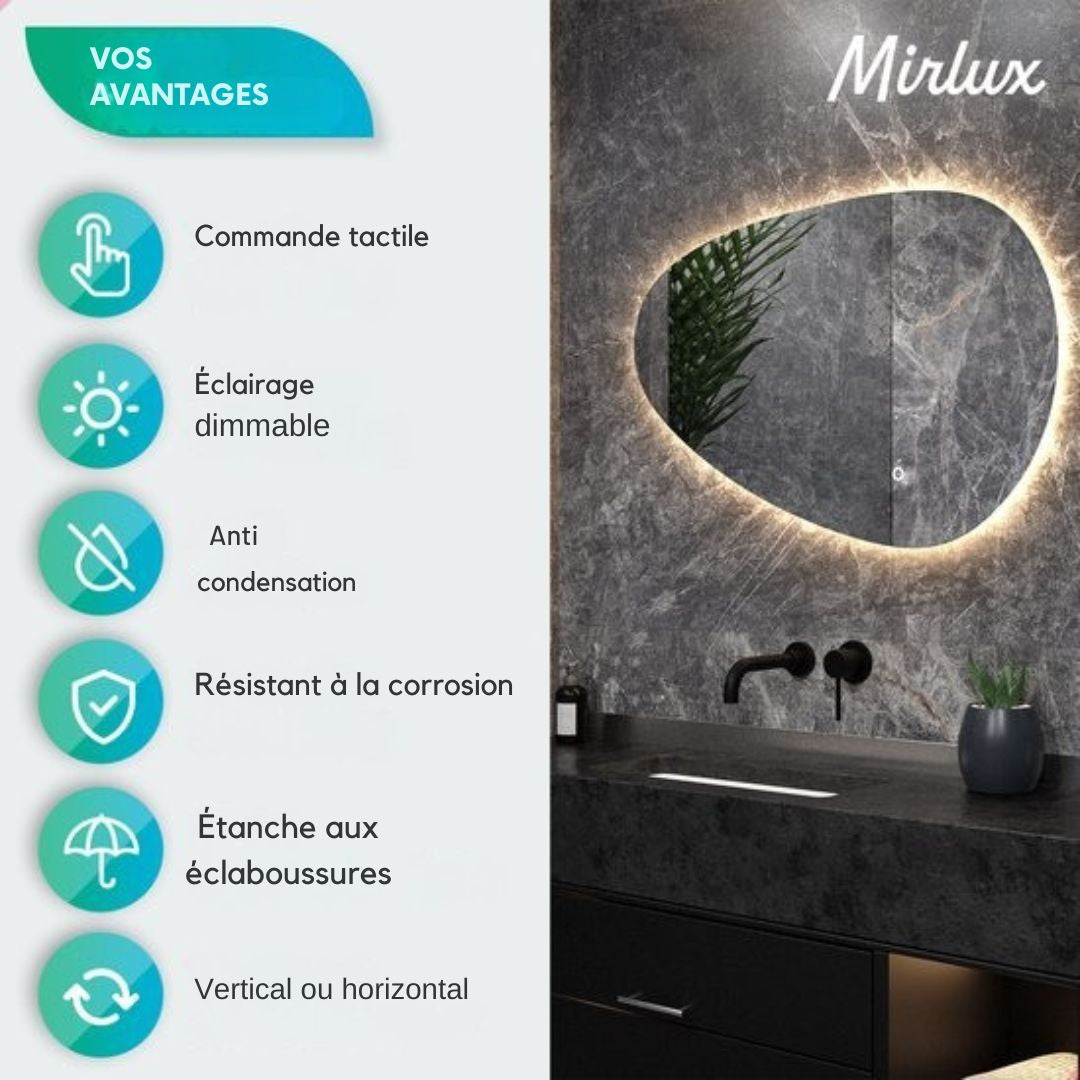 Miroir de salle de bain avec éclairage LED Mirlux - mural asymétrique - Forme organique - anti-condensation - 90x60CM