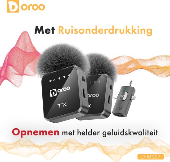 Microphone sans fil professionnel Doroo® - Lot de 2 - Micro-cravate - Bonnettes anti-vent - Batterie longue durée - Épingle de cravate - Son de qualité professionnelle - Micro sans fil USB-C/Lightning/AUX pour iPhone et Android - Plug & Play - Garantie de