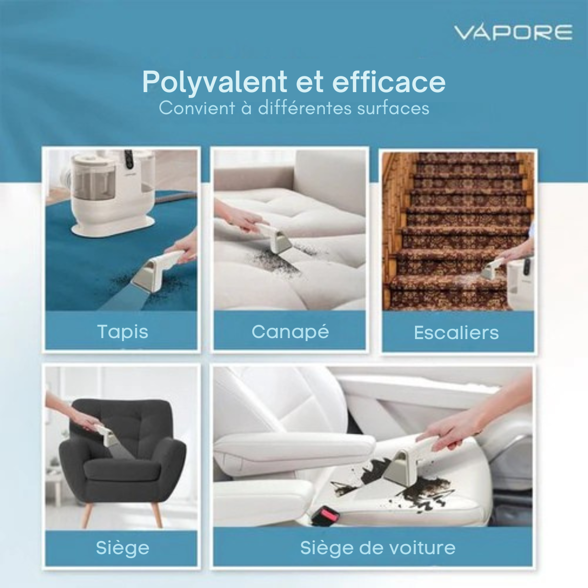 Nettoyeur de taches - Vapore – Nettoyeur de tapis, canapés et meubles - 1200W – Réservoirs amovibles – Blanc