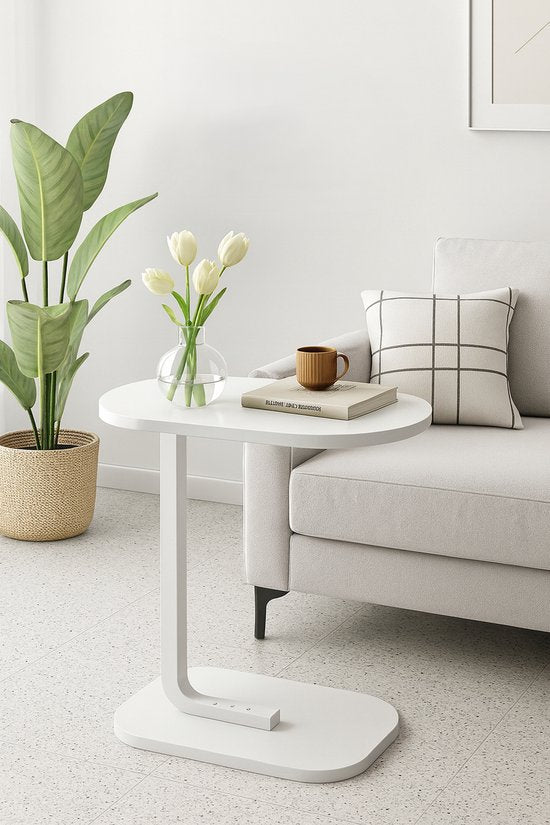 Ceruzo Side Table - Table banc blanche - Métal et bois - Table basse - Forme C - Compacte - 45x28x60cm