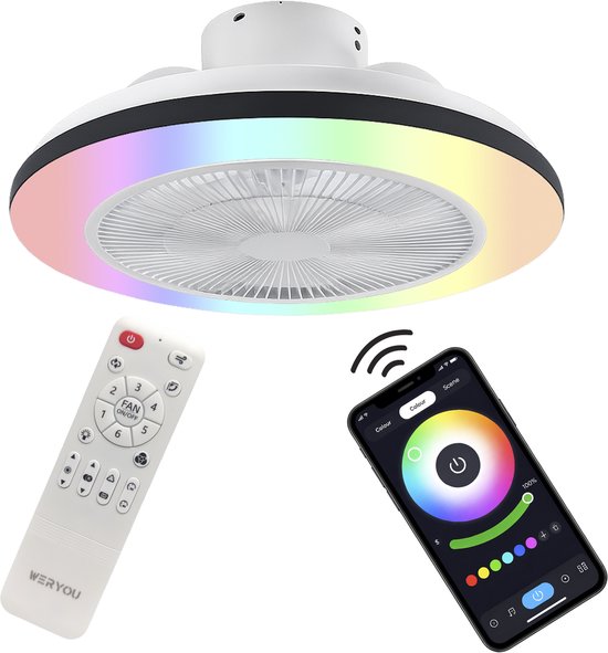 WERYOU® illuminAIR Ventilateur de plafond - Plafonnier - Ventilateur de plafond avec éclairage - Plafonnier - Lampe ventilateur - Tuya Wifi Smart - Lampe Led RGB - Plafonnier - Télécommande incluse - Dimmable - ⌀56CM