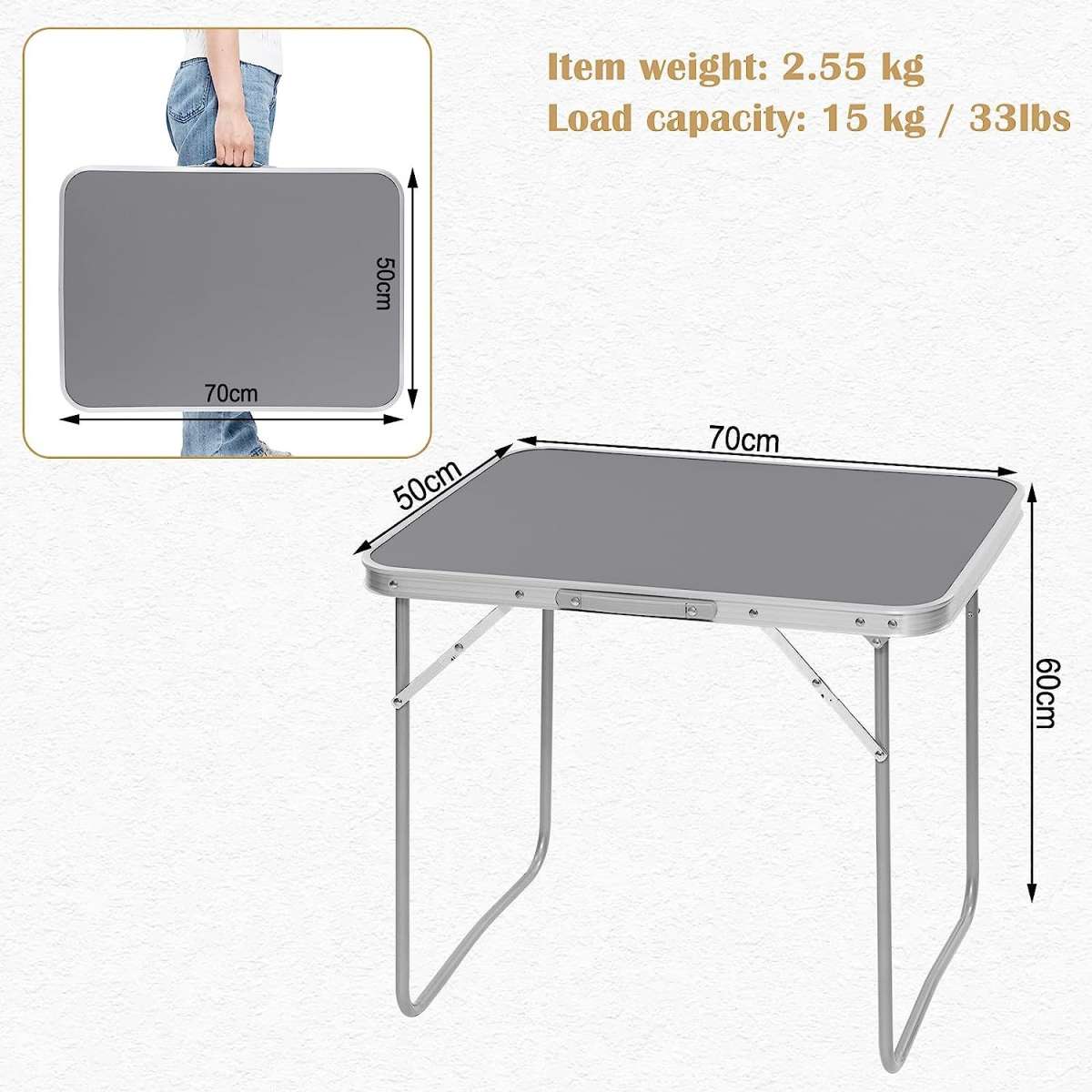 Table de camping WOLTU 70 x 60 x 50 cm - Pliable - Poignée - Aluminium/MDF - Gris