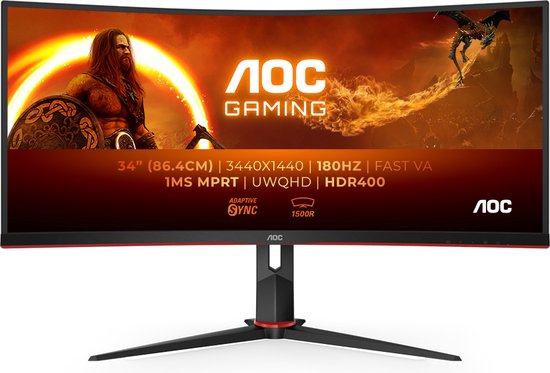 AOC CU34G2XP - Écran de jeu ultrawide incurvé - HDR400 - Hub USB - 180 Hz - 34 pouces