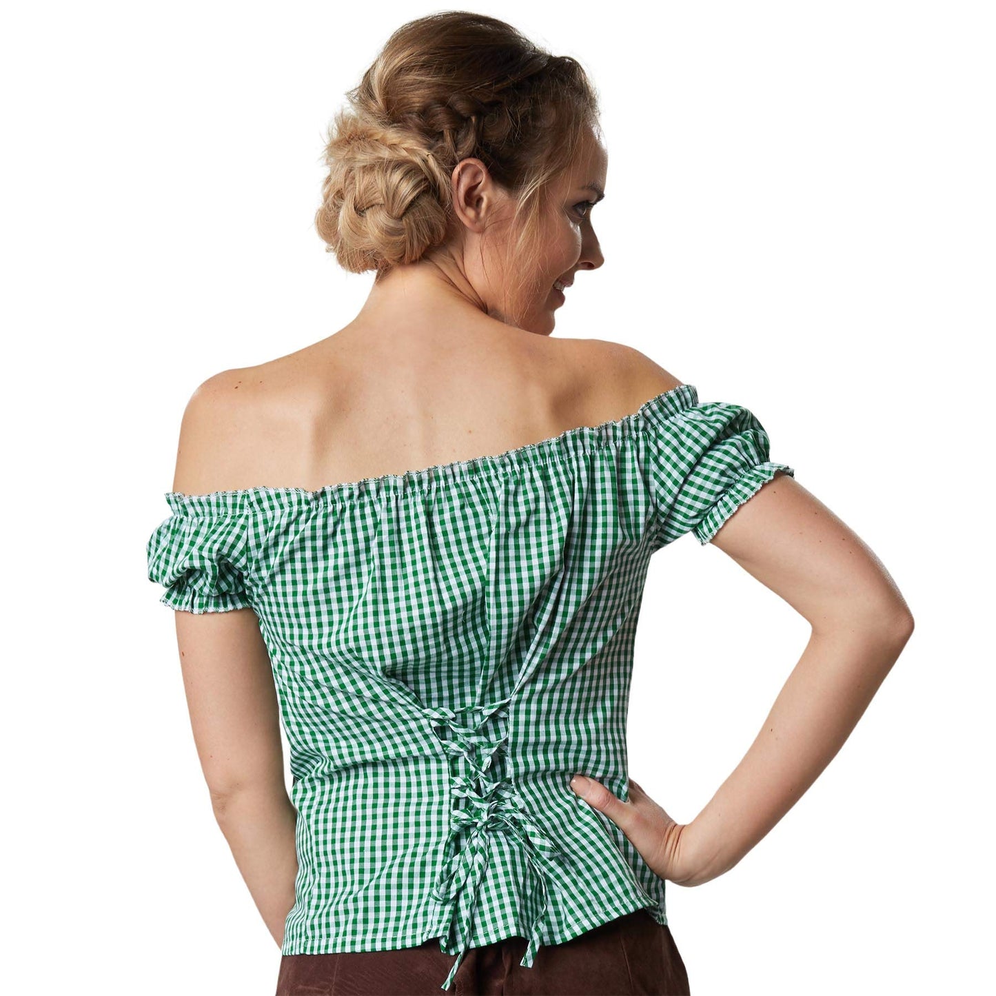 Dressforfun Ina, chemisier traditionnel 900620 - carreaux verts et blancs - encolure Carmen - manches courtes