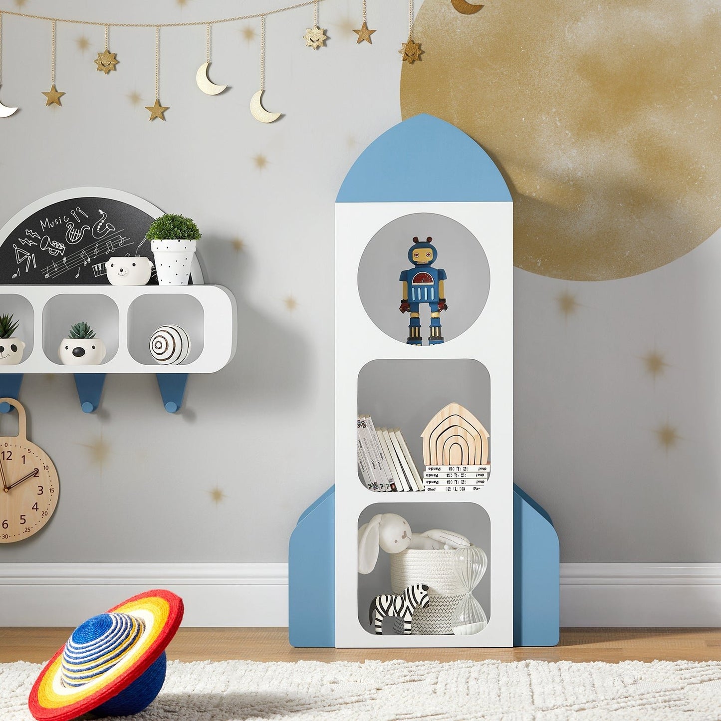 SoBuy KMB87-W Bibliothèque pour enfants en forme de fusée - 4 compartiments 2 étagères latérales - 61 x 32 x 120 cm - blanc