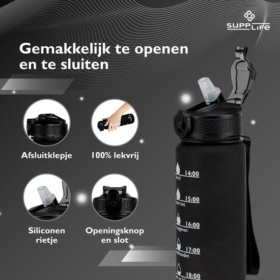 Gourde motivante Supplife de 1 litre avec texte en néerlandais - Gourde avec paille - Gourde avec repères horaires - Noire