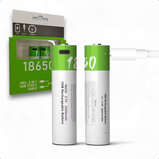 2-Pack Tech Essentials® 18650 USB-C Batteries rechargeables - Li-ion 3.7V - 2000mAh - Bouton - Batterie - Lithium