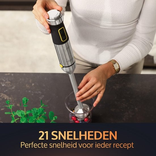 JAP Appliances ForceBlend F1 - Ensemble de mélangeur à main (1200W) avec tasse à mesurer - 21 vitesses - Pour la soupe, la viande, les smoothies et les collations pour bébés - Noir/RVS