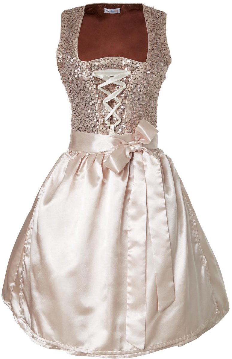 Dressforfun - Mini Dirndl Burgau Model 1 - Dirndl court et ajusté en beige avec paillettes et satin brillant - Taille XL