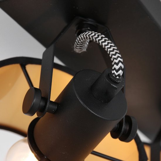 Spot à 2 lumières Ornoir 3334ZW noir avec abat-jours dorés, orientable et inclinable, métal et textile, style moderne, Mexlite, intérieur