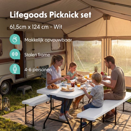 LifeGoods Set de pique-nique pliable - 124cm x 61.5cm - Table de jardin avec 2 bancs - Résistant aux intempéries - Table de camping - Table de bière pliable - Pour l'intérieur et l'extérieur - Pour 4 à 6 personnes - Blanc