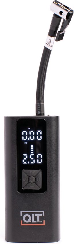 QLT Compresseur d'air sans fil Pro et Powerbank en un - 4 accessoires et câble de chargement USB inclus - 10.3 Bar - avec éclairage LED - Noir