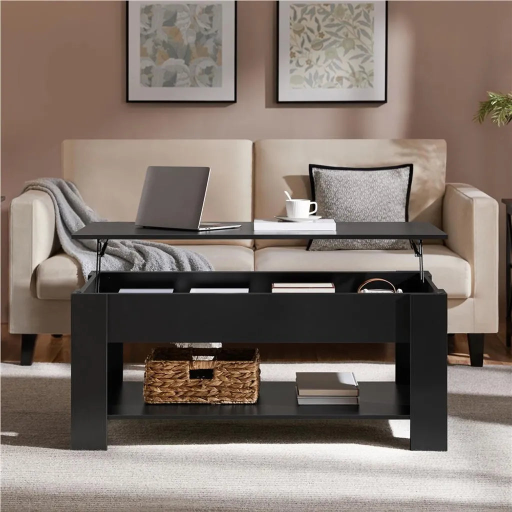 Table basse Yaheetech 120 x 59 cm - Noire - Table basse réglable avec espace de rangement et mécanisme de levage