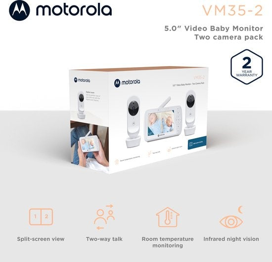 Motorola Babyphone avec écran divisé de 5 pouces et 2 caméras - Vision nocturne - Microphone intégré