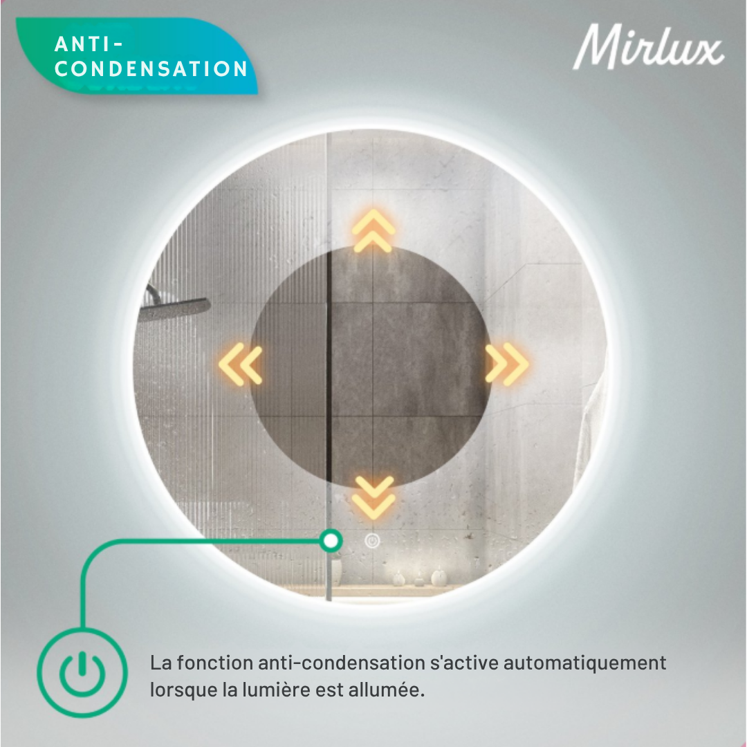 Miroir de salle de bain Mirlux - Eclairage LED - 3 couleurs - Anti-condensation - 80CM