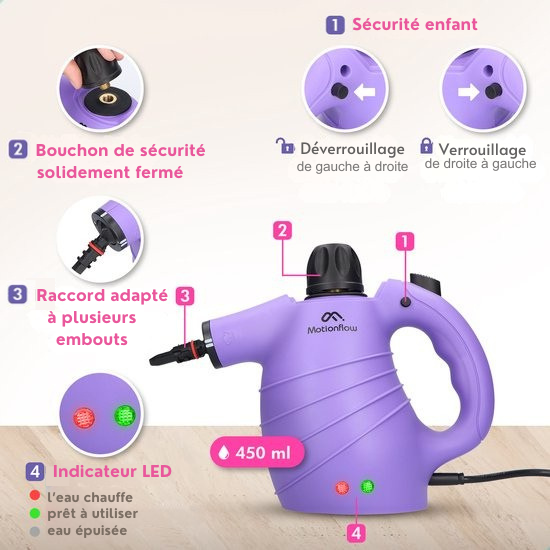 MotionFlow - Nettoyeur vapeur portatif - 12-en-1 - Multifonction - 1150 W - 450 ML - Violet