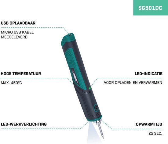 Fer à souder VONROC 4V – Max. 450°C – Incl. support de fer à souder avec éponge, étain à souder et pointes