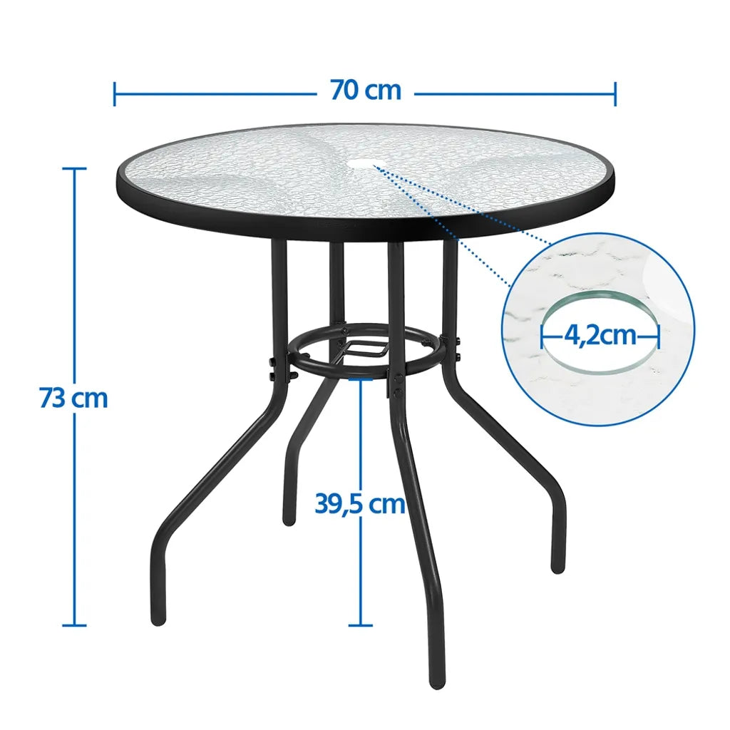 Yaheetech Bistro Table de jardin Ø 70 cm - Noir - Table ronde avec plateau en verre trempé et trou pour parasol