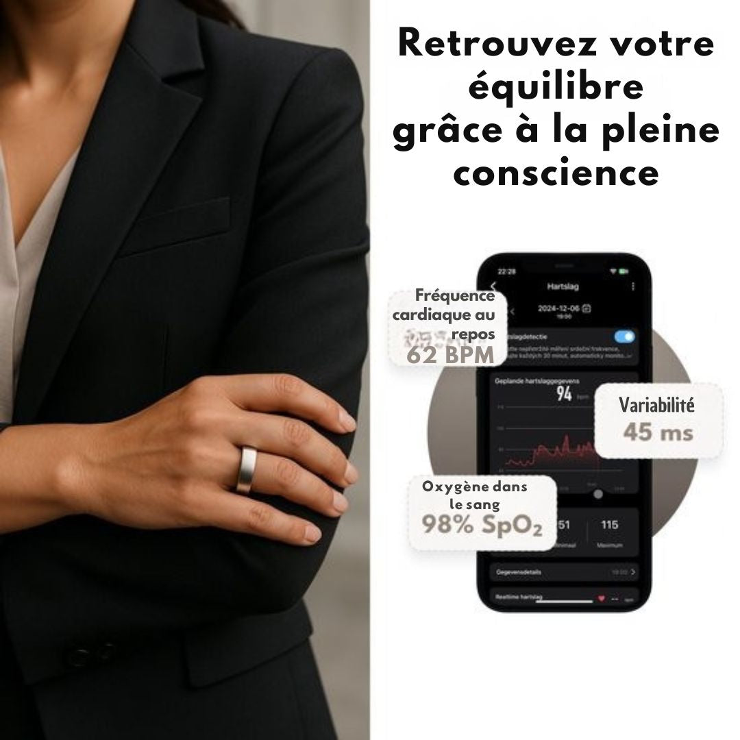 Bague connectée - Smart Ring Focus® S1 - Taille 9 - Fréquence cardiaque - Cycle menstruel - Moniteur de sommeil - Performance sportive - Podomètre - Etanche à l'IP68 - Mesure de l'O2 - Femmes - Hommes - Etui de recharge - Or