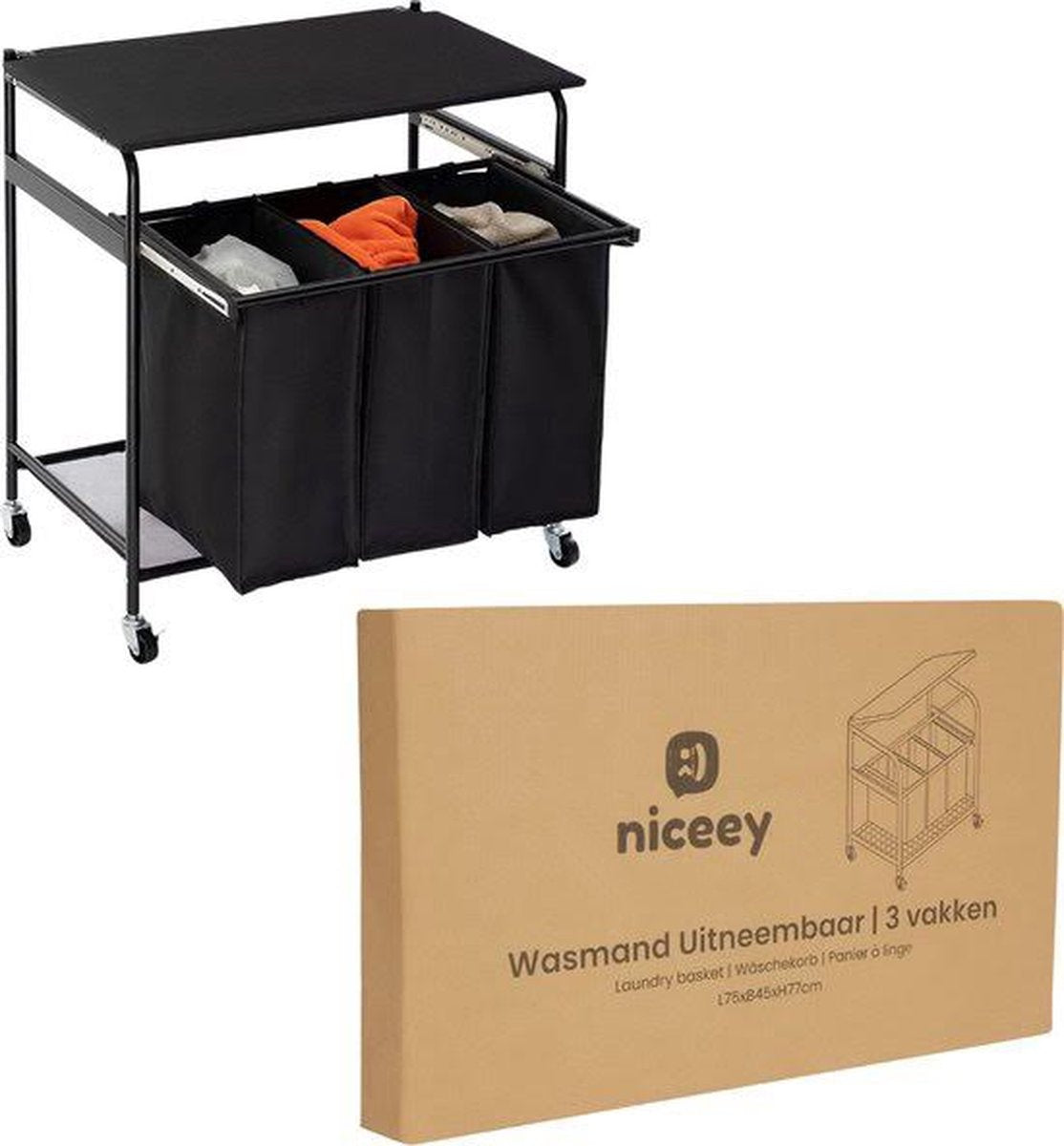 Niceey Panier à linge sur roulettes - 3 compartiments extensibles - Noir
