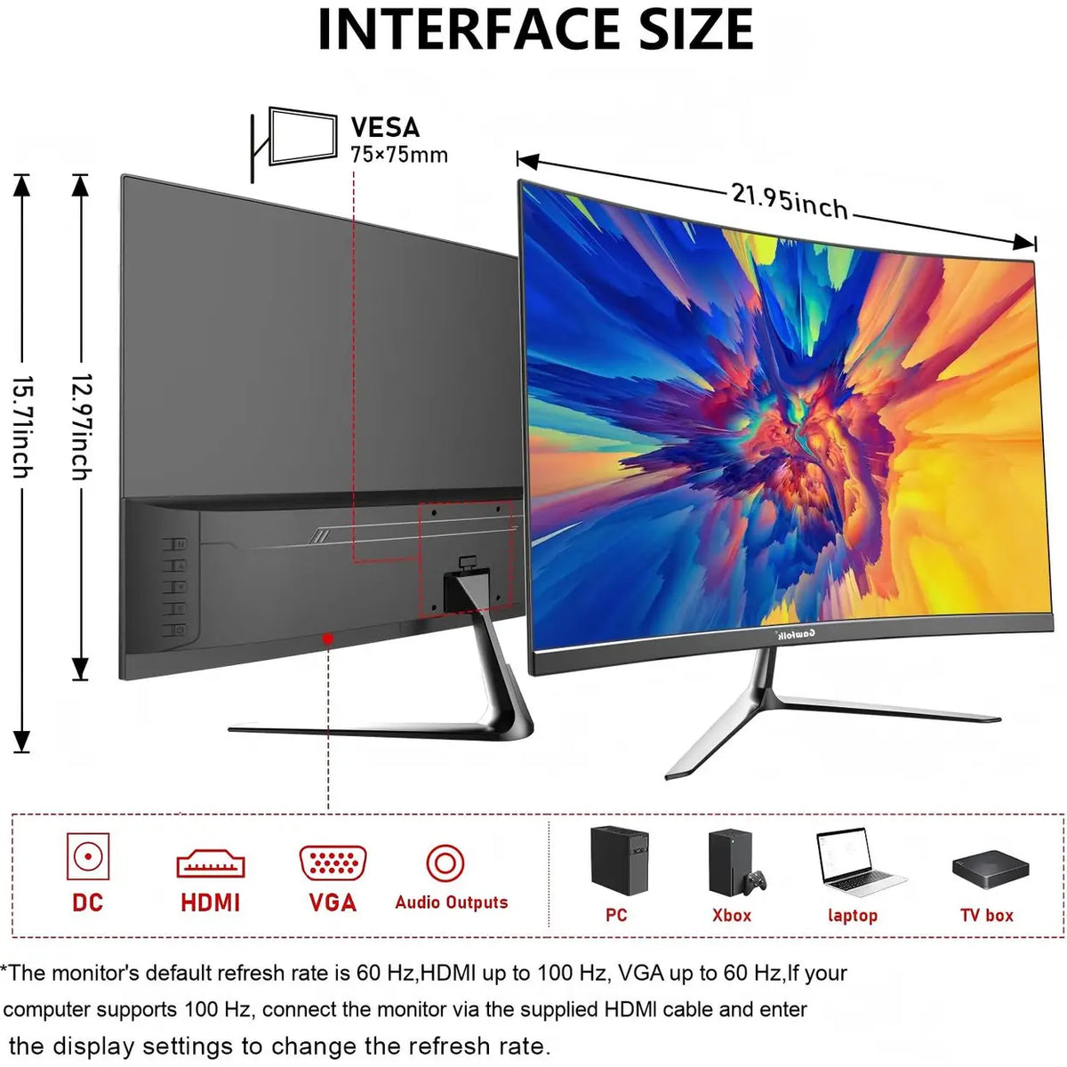 Écran incurvé Gawfolk 24,5 pouces - 16 × 55 × 39 cm - Noir - Full HD 120 Hz - 1 ms - Haut-parleurs intégrés