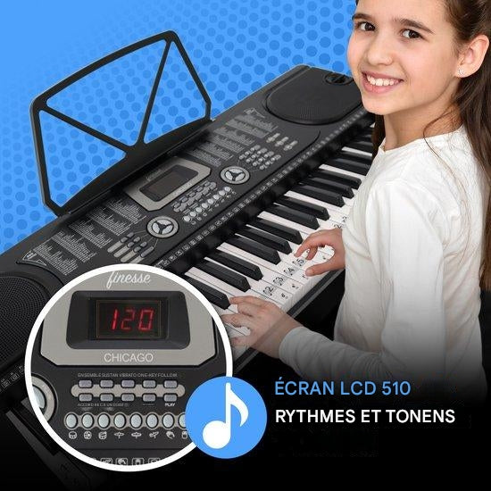 Piano à clavier avec support Finesse, 61 touches, Modèle Chicago, Noir