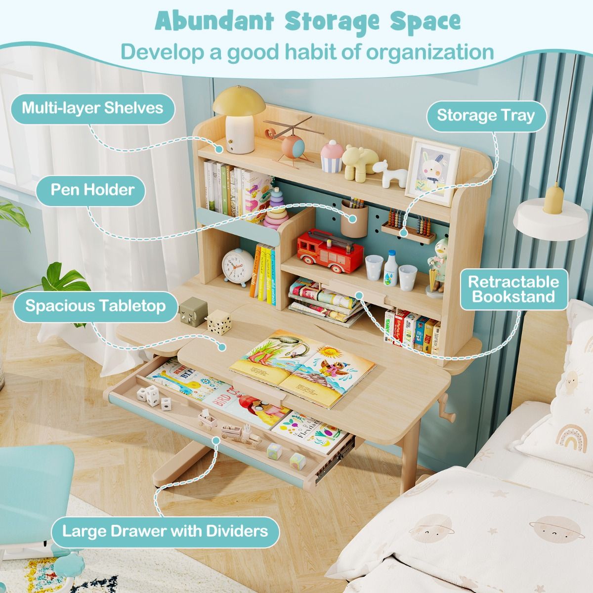 table enfant coast - hauteur réglable 52-74 cm - bureau inclinable 0°-60° - tiroir et casier - bleu - 100 x 60 x 111-135 cm