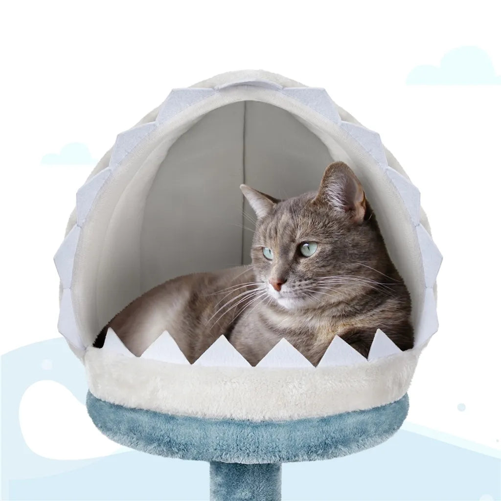 Yaheetech Arbre à chat Ocean Style 115 cm - Bleu/Blanc - Arbre à chat avec maison pour chat, panier de couchage, plateau et poteaux en sisal