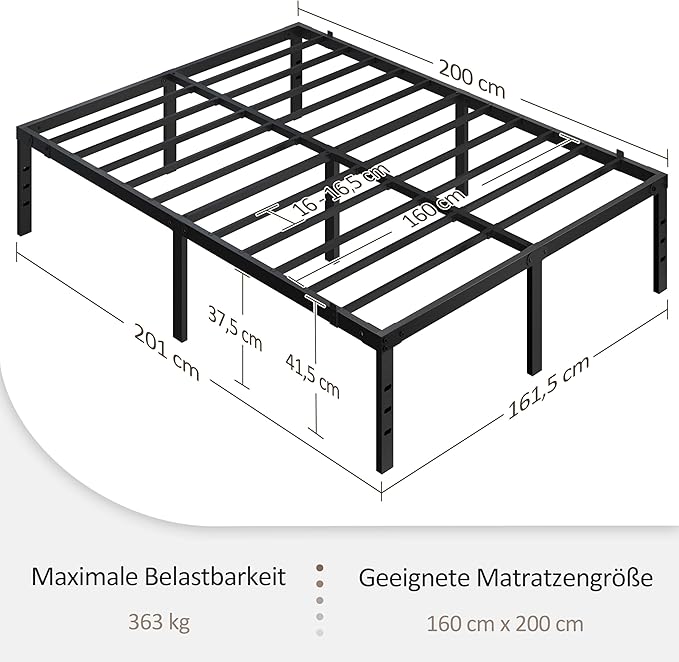 Cadre de lit en métal Yaheetech 160 x 200 cm – Noir – 201 x 162 x 41,5 cm – Sans tête de lit ni pied de lit