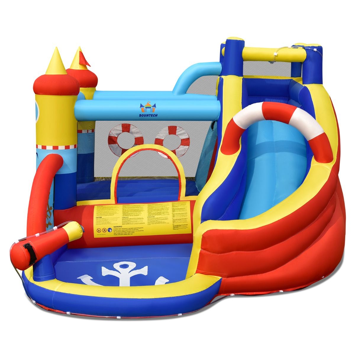 Château gonflable Coast « Bateau pirate » - Parc aquatique 5 en 1 avec toboggan et mur d'escalade - Pistolet à eau et ventilateur inclus - 360 x 290 x 200 cm