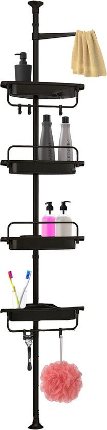 Brixy Support de douche - télescopique - 85-305 cm - sans perçage - du sol au plafond - 4 étagères - 3 crochets - noir