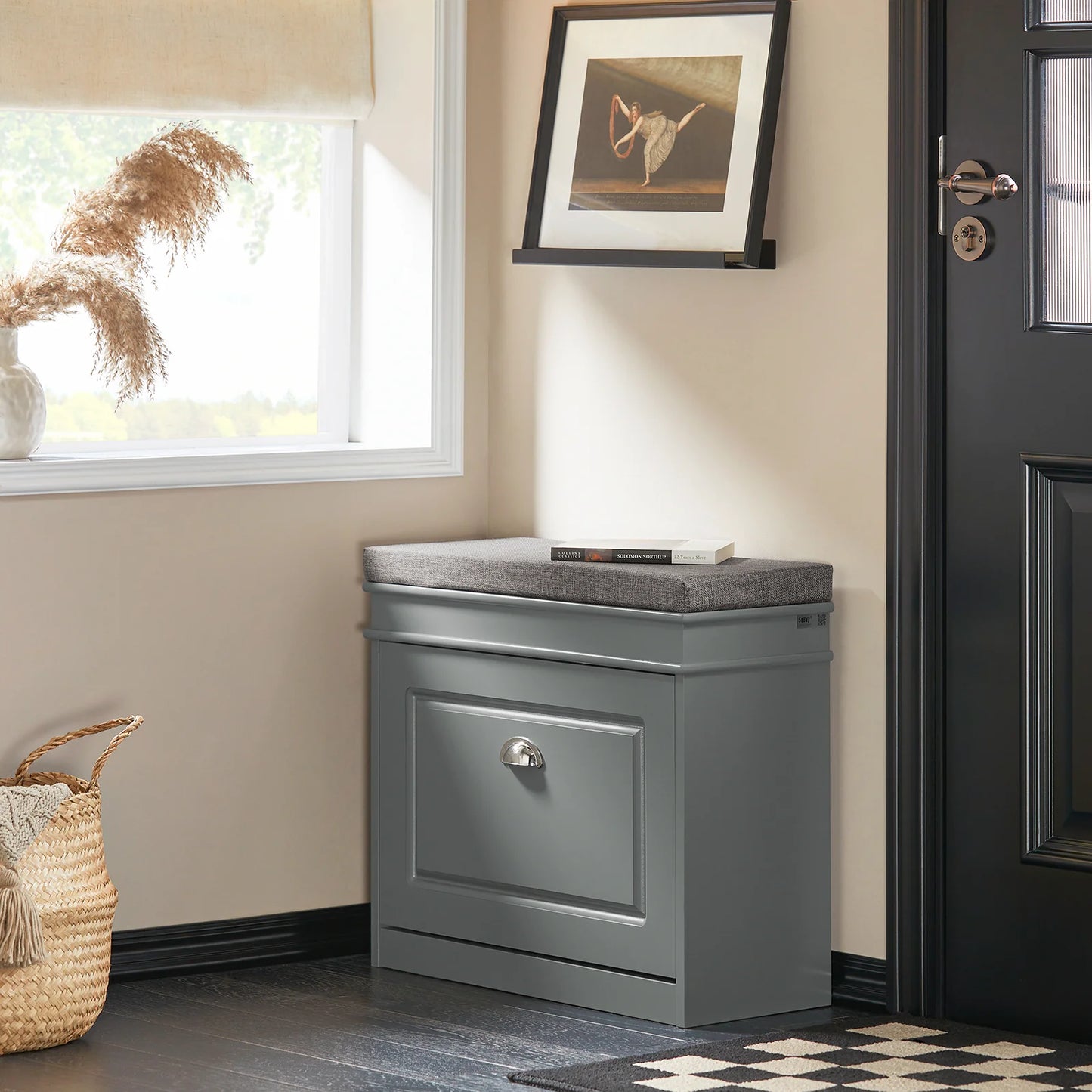 SoBuy FSR82-K-HG Banc d'entrée gris avec porte battante et coussin d'assise – Espace de rangement pour chaussures 60 × 24 × 51 cm
