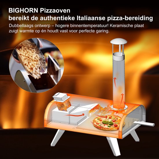 Four à pizza BIGHORN à granulés - Four à pizza d'extérieur - Four à pizza portable - Pliable - Acier inoxydable - 15 kg - 460 °
