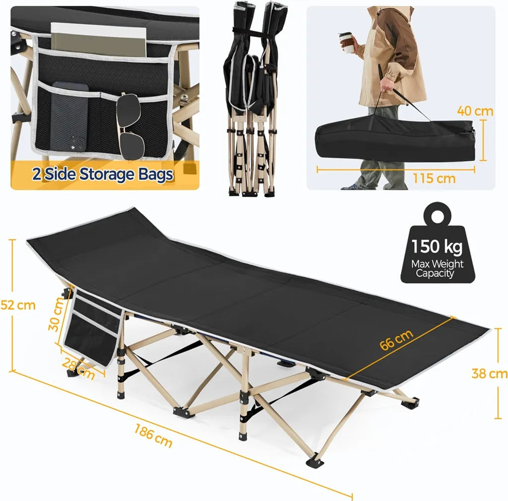 Lit de camping pliable Yaheetech avec sac de transport - Noir - 186 x 66 x 52 cm