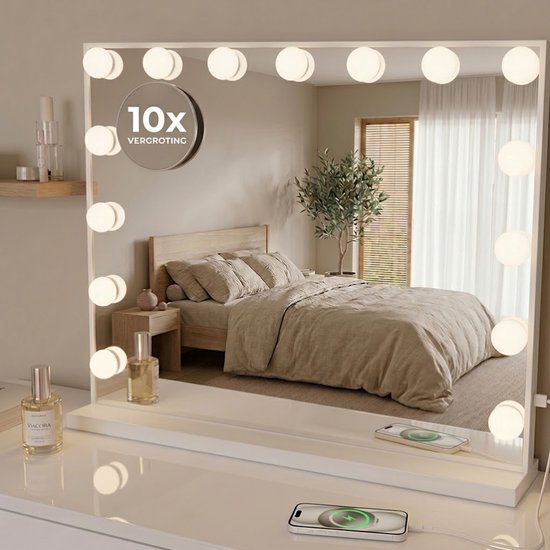 Miroir OMNIEXA Hollywood 58 × 46 cm – 15 ampoules LED – 3 couleurs de lumière – Intensité réglable – Grossissement 10x – USB-C – Miroir de maquillage – Miroir de coiffure – Coiffeuse – Blanc