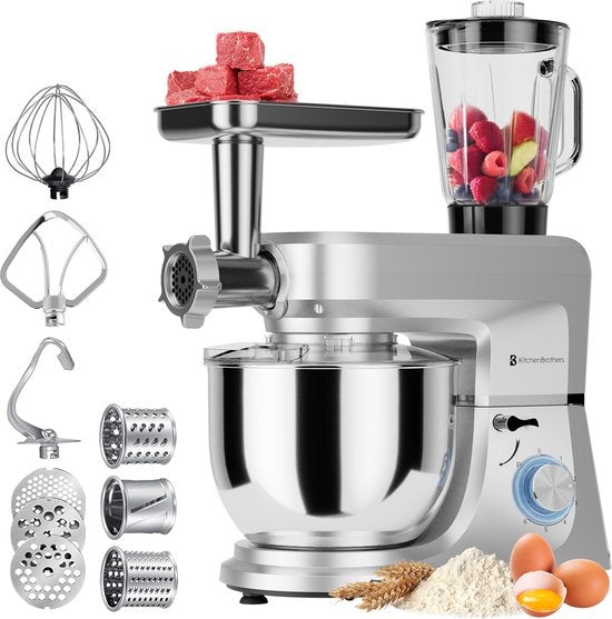 KitchenBrothers Robot de cuisine - Set complet - 15 accessoires - Robot de cuisine - 6L - 1500W - Silver