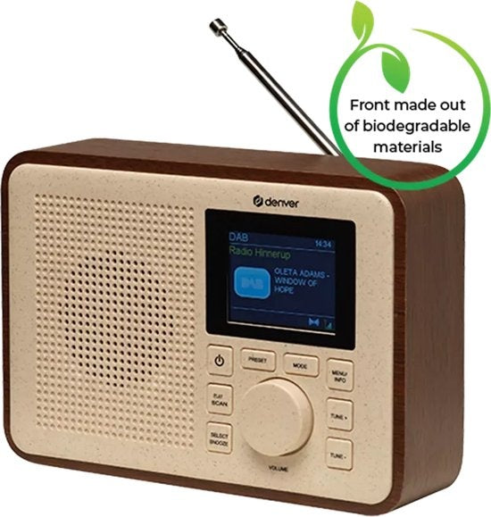 Denver DAB Radio - BIO PLASTIC - Radio rétro - DAB+ / FM Radio - Bluetooth - 40 présélections - DAB60DW