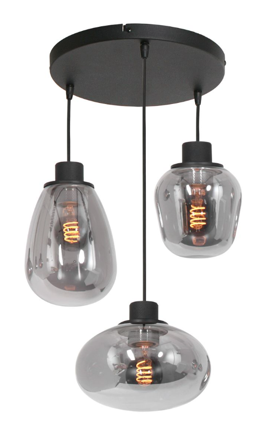 Steinhauer - Lampe suspendue Reflexion - 3079ZW - 3-Lumières - Noir & verre fumé - Ø40 cm - Max. 350 cm de haut - Raccord E27 - Design moderne