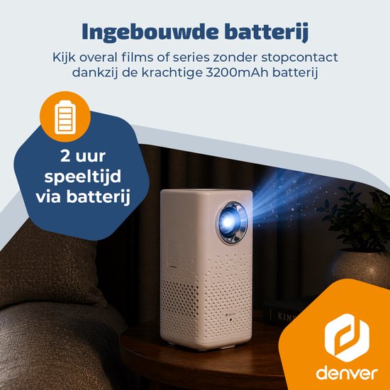 Projecteur portable Denver - 4K 3840 x 2160 p - 150 lumens ANSI - Projecteur - Batterie intégrée - Home cinéma - HDMI - USB-C - PR4700