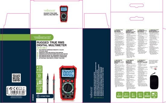 Velleman Digitale multimeter, datahold, geschikt voor het meten van AC/DC-stroom, AC/DC-spanning, weerstand, batterijspanning, continuïteit, temperatuur, inclusief meetsnoeren
