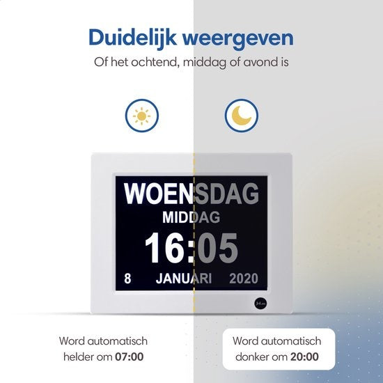 Safe Age® Dementia Clock XL - Horloge calendrier numérique avec date et jour - Réveil médical, fonction alarme et fonction cadre photo - Horloge Alzheimer / Horloge Seniors