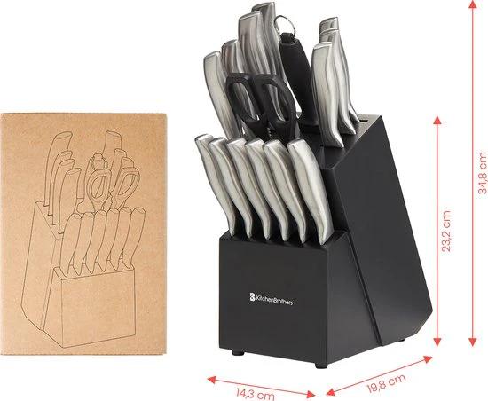 KitchenBrothers Set de couteaux de 16 pièces - avec ciseaux et acier d'affûtage - Argent/Acier inoxydable