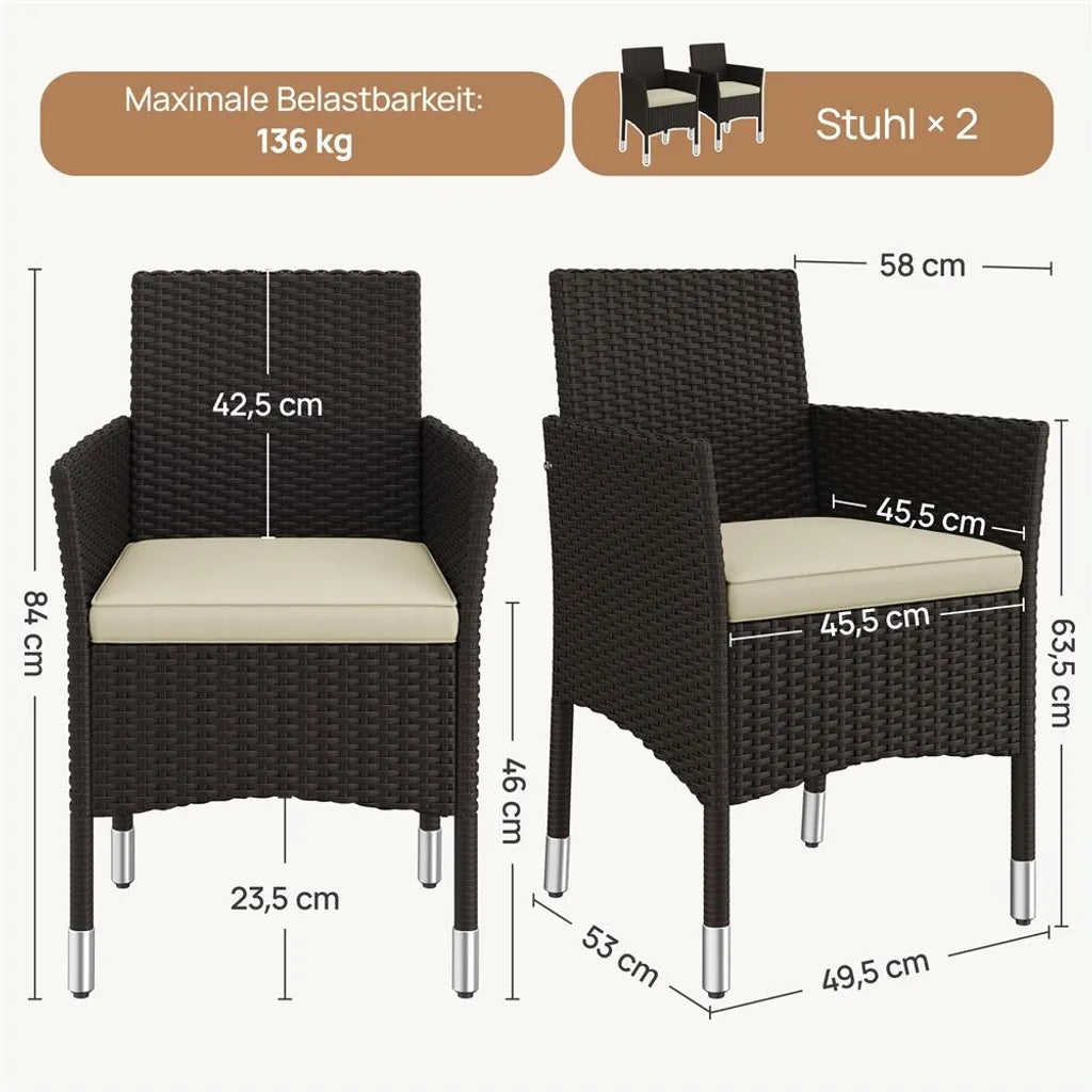 Yaheetech Ensemble de 2 chaises de jardin en polyrotin 58 x 58 x 84 cm - Marron/Beige - Fauteuils de jardin avec coussins d'assise et de dossier