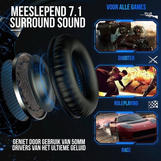 Casque de jeu Strex avec microphone bleu - PC + PS4 + PS5 + Xbox One + Xbox Series