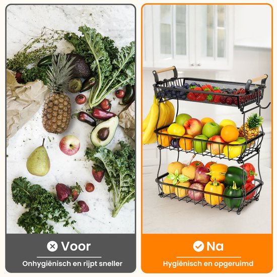 Posity Fruit Bowl 3 Layer - Fruit Basket - Fruit Etagere - Vegetable Basket - Wire Basket - With Banana Holder - Wood & Metal - Black