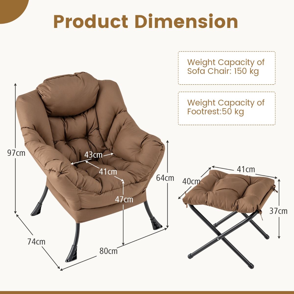 Fauteuil Coast avec repose-pieds - Fauteuil relax avec accoudoirs et repose-pieds - Design ergonomique - Marron