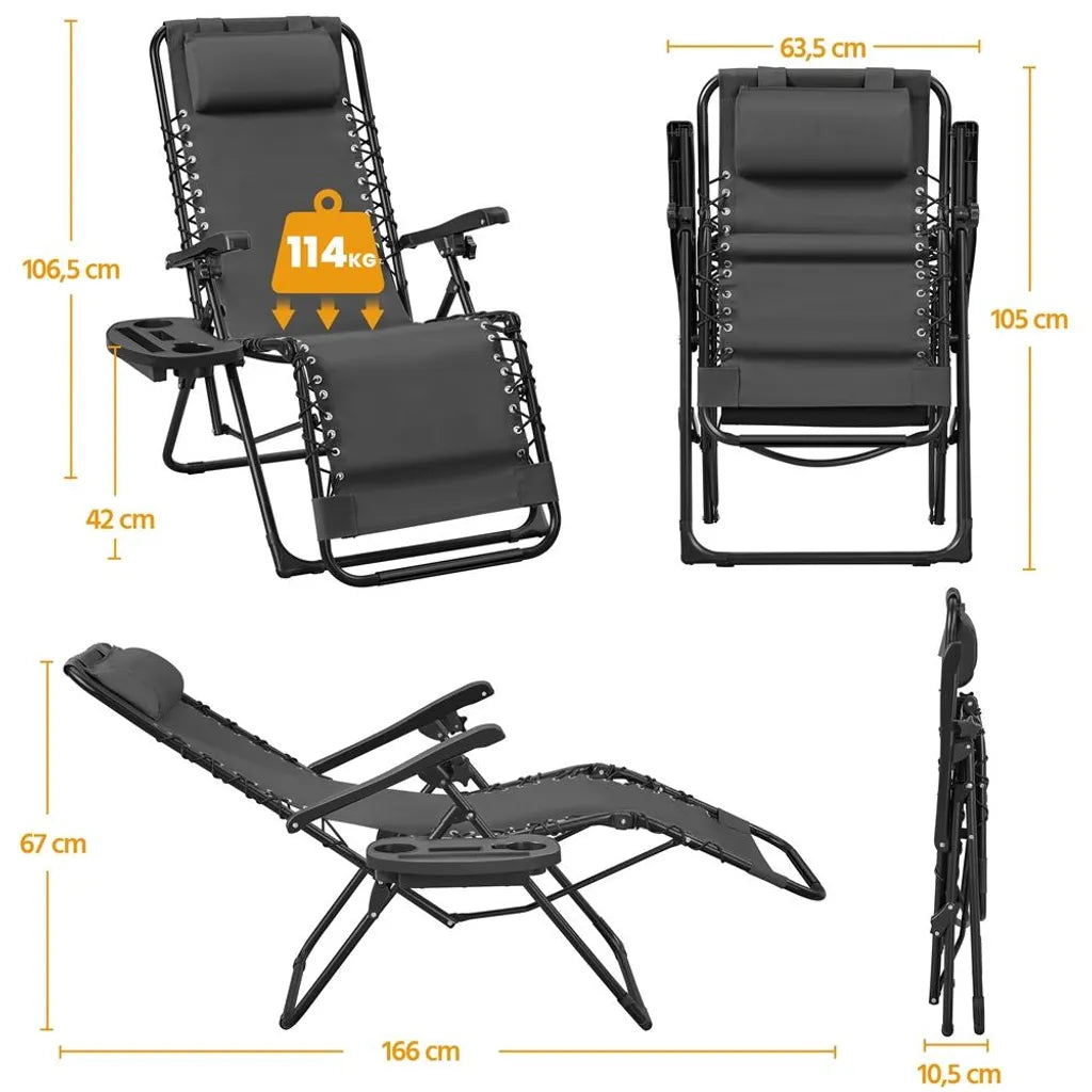 Yaheetech Zero Gravity Chairs Set of 2 - Dark Grey - Chaises longues pliables 166 × 63.5 × 67 cm avec coussin de tête et porte-gobelet